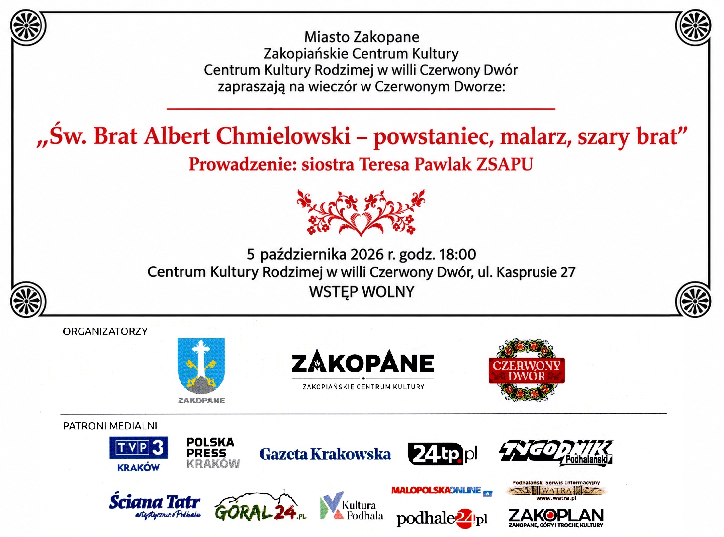 Od malarza i powstańca do „szarego brata”. Wieczór w Czerwonym Dworze poświęcony św. Bratu Albertowi